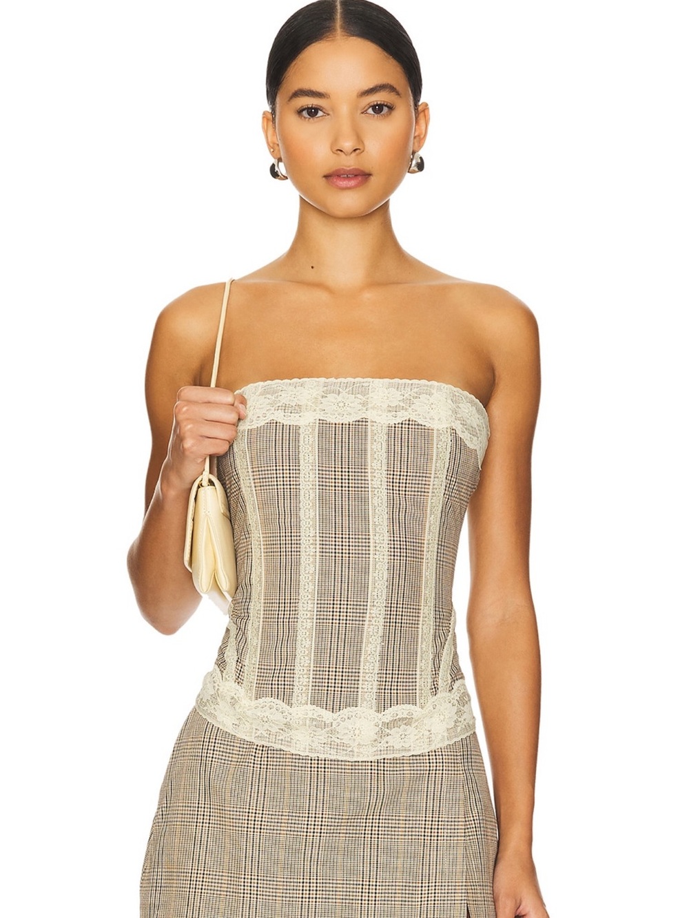 Miaou Plaid Strapless Lace-Trim Bustier in Cream and Brown